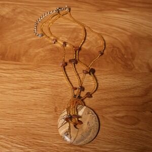 Boho Natural Stone Donut Pendant Necklace Brown Earthy Seed Bead Granola Zen